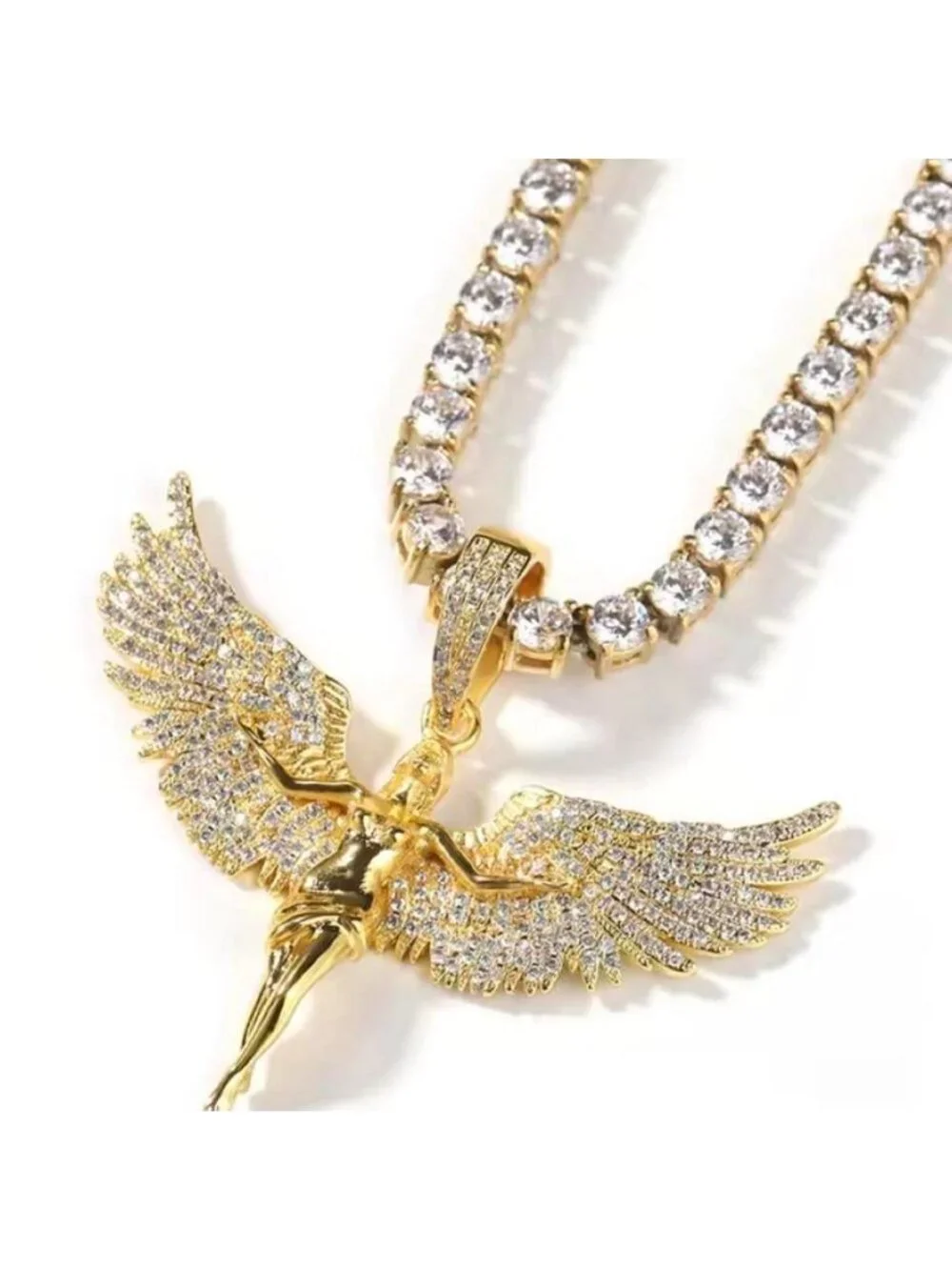Gold Angel Pendant with Tennis Necklace | 18” or 20” | Iced Out Statement Chain